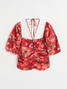 H&M Floral Puff Sleeve Crop Top Red Ruched Front Cottagecore Tie Back Blouse S